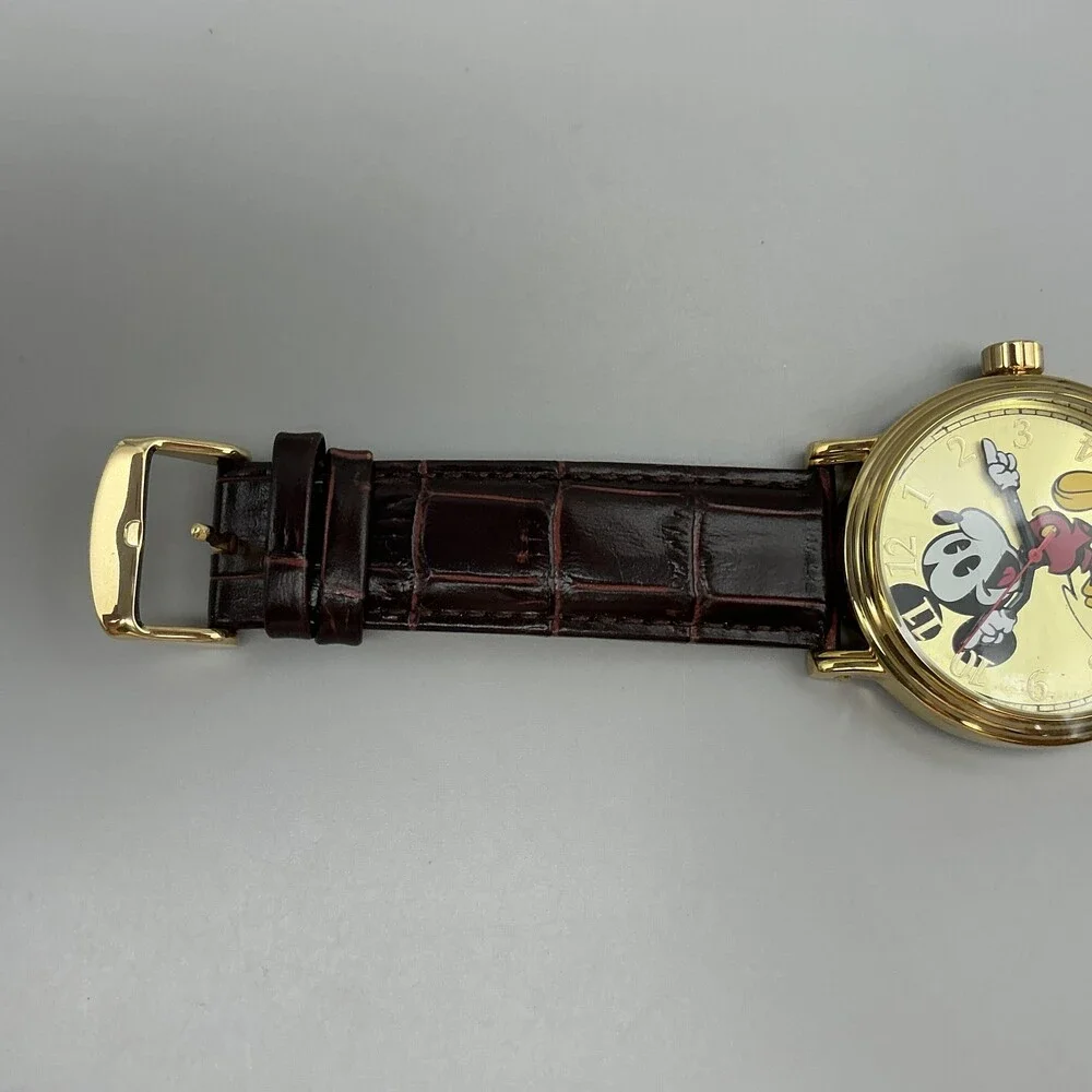 Disney Mickey Mouse Men Watch 43mm Gold Tone Brown Leather P234.85574.4 New Batt